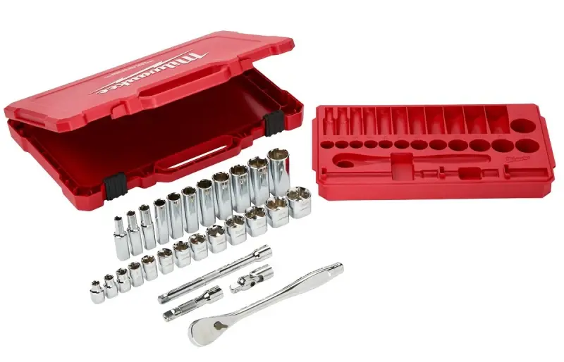 Milwaukee 48-22-9408 Ratchet and Socket Adjust, Steel, Chrome, Specifications: 3/8 Drive