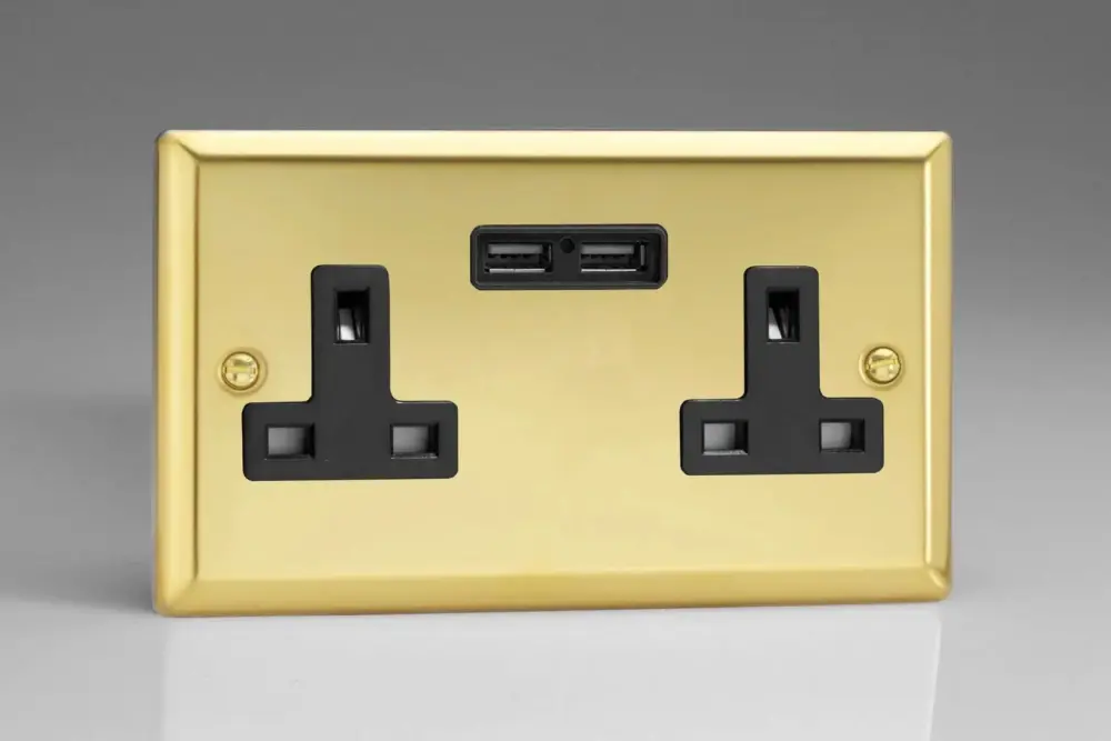 Varilight XV5U2B 13A Socket 2-Gang USB Black Victorian Warm alloy