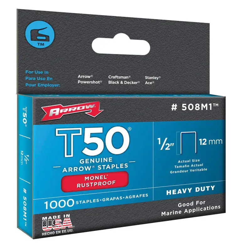 Arrow Fastener T50 3/8 x 1/2 Inch 18 Ga Flat Crown Heavy Duty Staples 1000 Pack 5