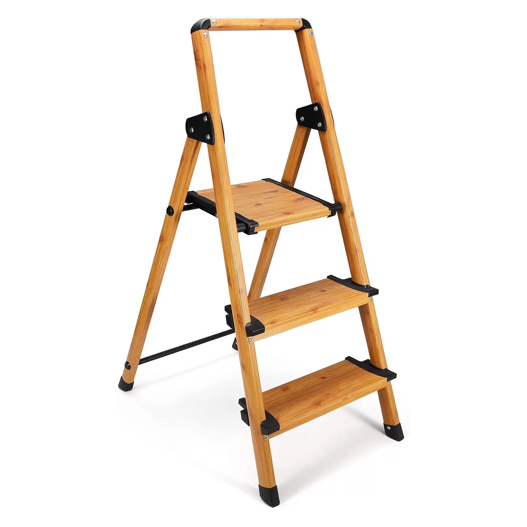 Delxo Aluminum Folding 3 Step Stool Stepladder Long Handrail Woodgrain Finish