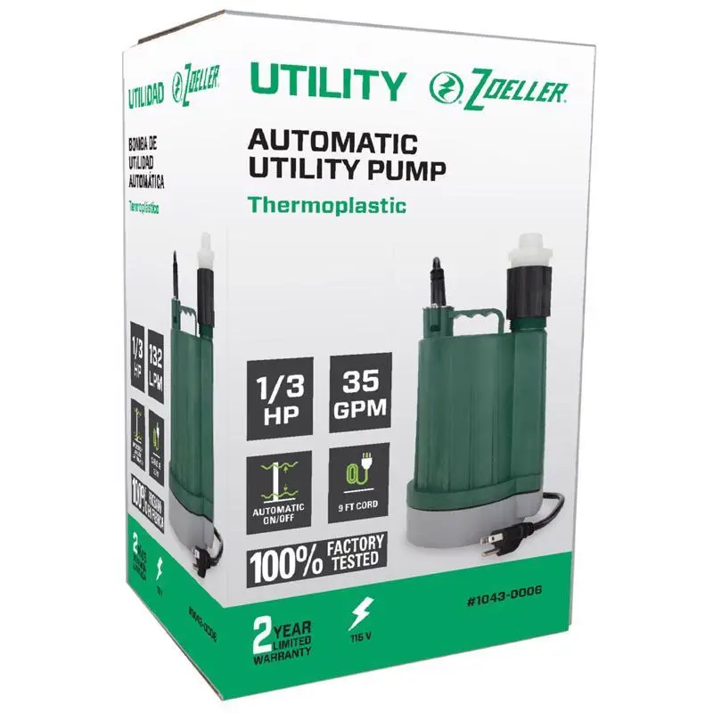 Zoeller 1/3 HP 2100 GPH Thermoplastic Electronic Switch Bottom AC Submersible Utility Pump