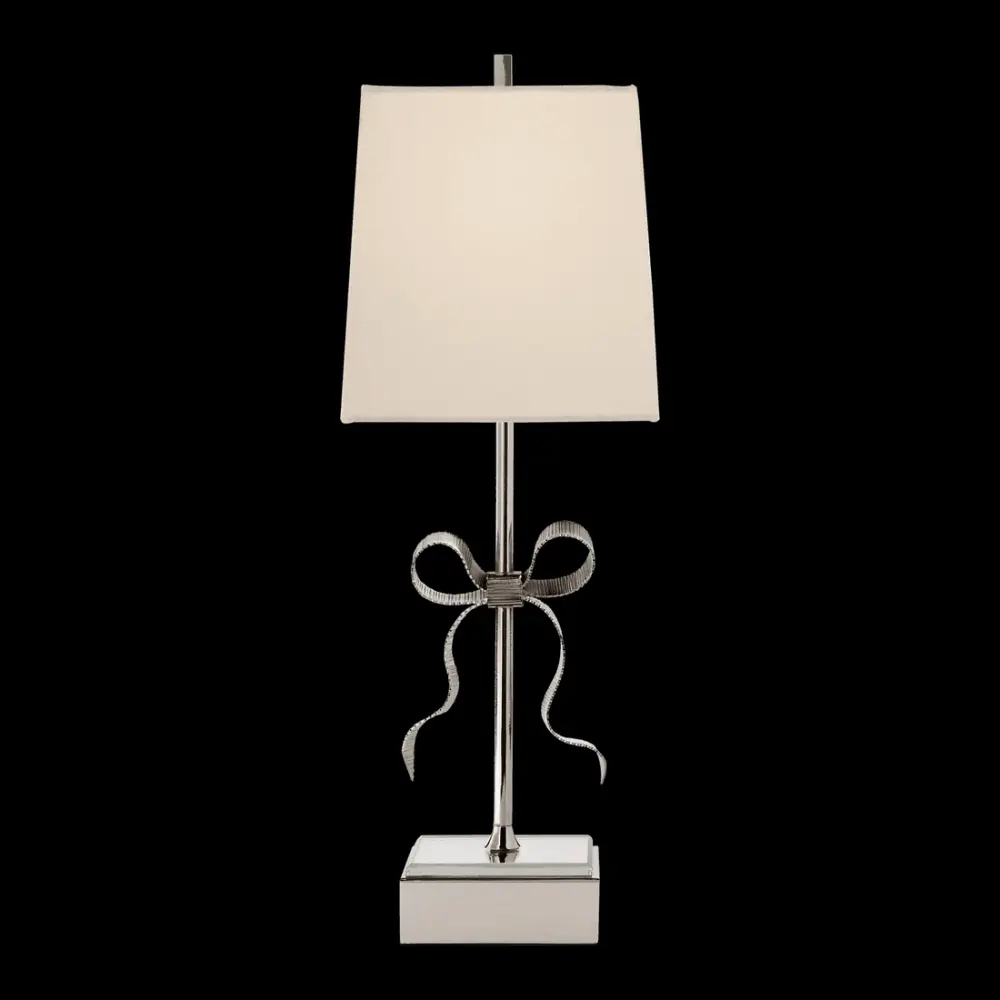 Fabric Drum Ellery Gros-Grain Bow Table Lamp - Polished Nickel & Mirror Cream Flax Shade