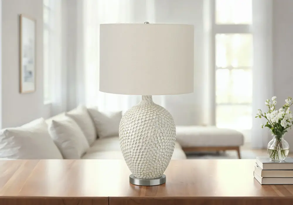 Lighting, Table Lamp, Earthenware, Contemporary - Cream Frosted White