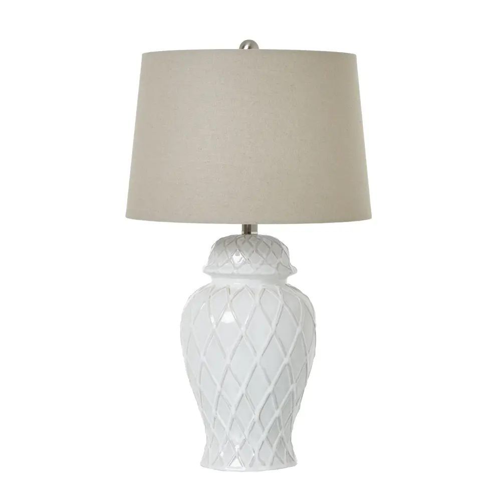 White Ceramic Ginger Jar Lamp Linen Shade