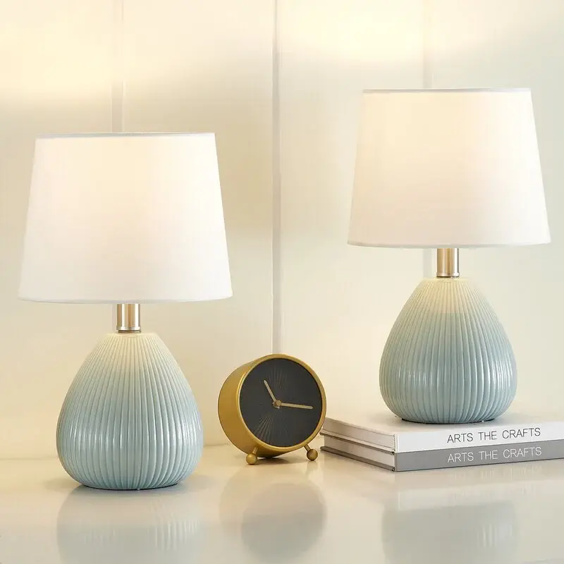 Yullili 15.5'' Ceramic Table Lamp Set 2 Lampshade, Portable Blue Modern Table Lamps Living Room Bedroom #T62