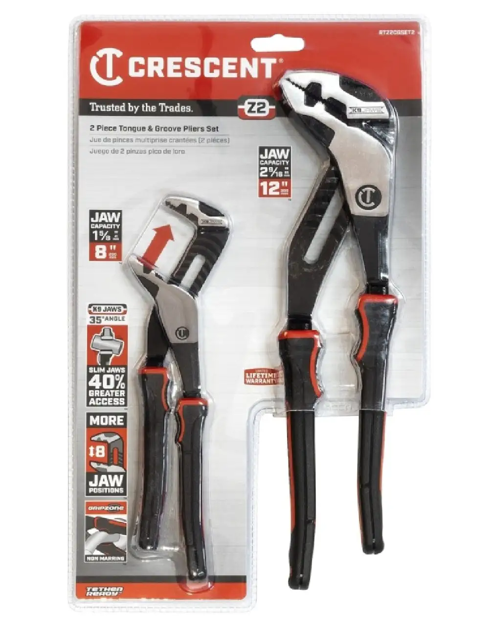 Crescent RTZ2CGSET2 Tongue and Groove Plier Set Polished 2-Piece Adjustable