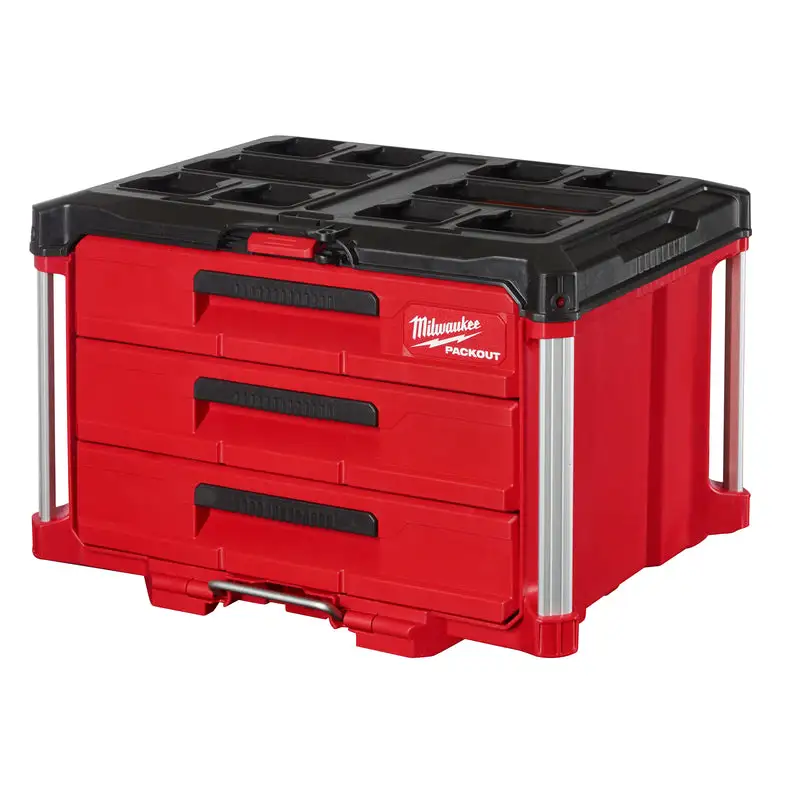 Milwaukee PACKOUT 22 Inch Modular 3-Drawer Tool Box Black Red Stackable Storage