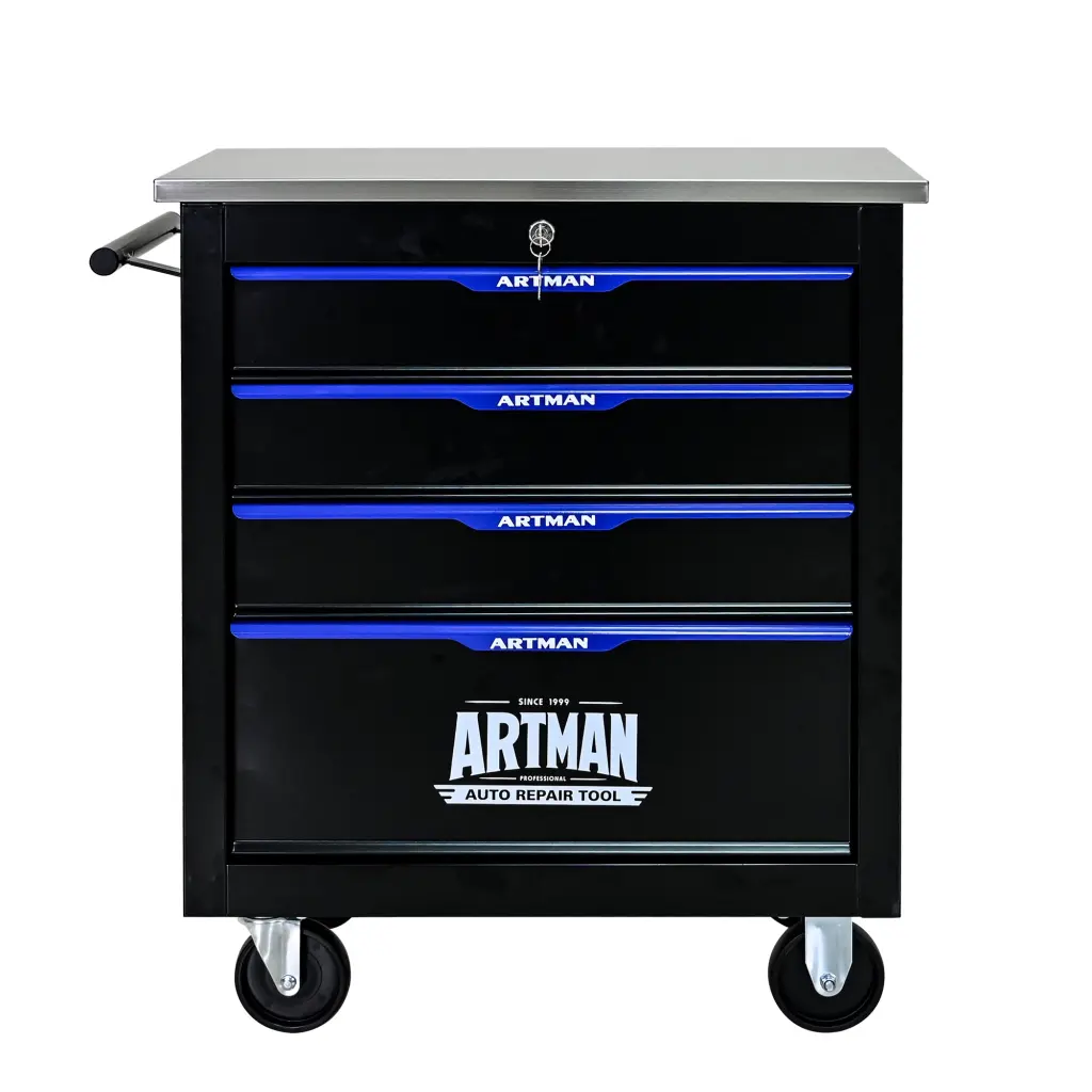 4 Drawer Multifunctional Tool Cart Wheels - Black and Blue Steel Utility Cart artman