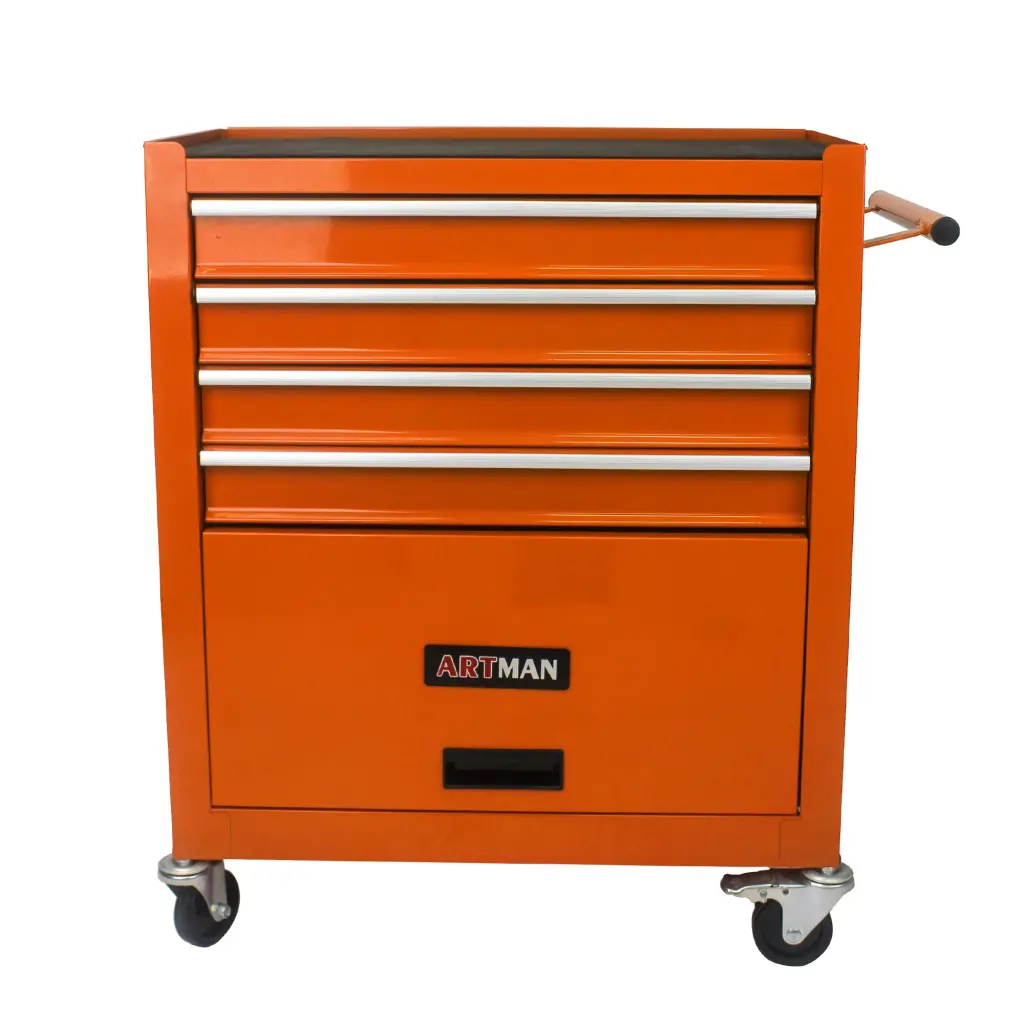 4 Drawer Multifunctional Tool Cart Wheels Orange Steel Workstation artman