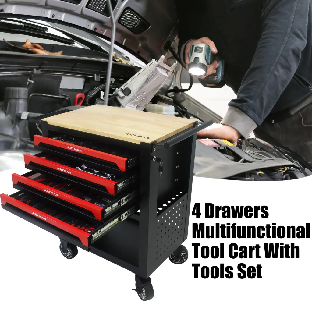 4 Drawer Multifunctional Tool Cart Wooden Top and Tool Set artman