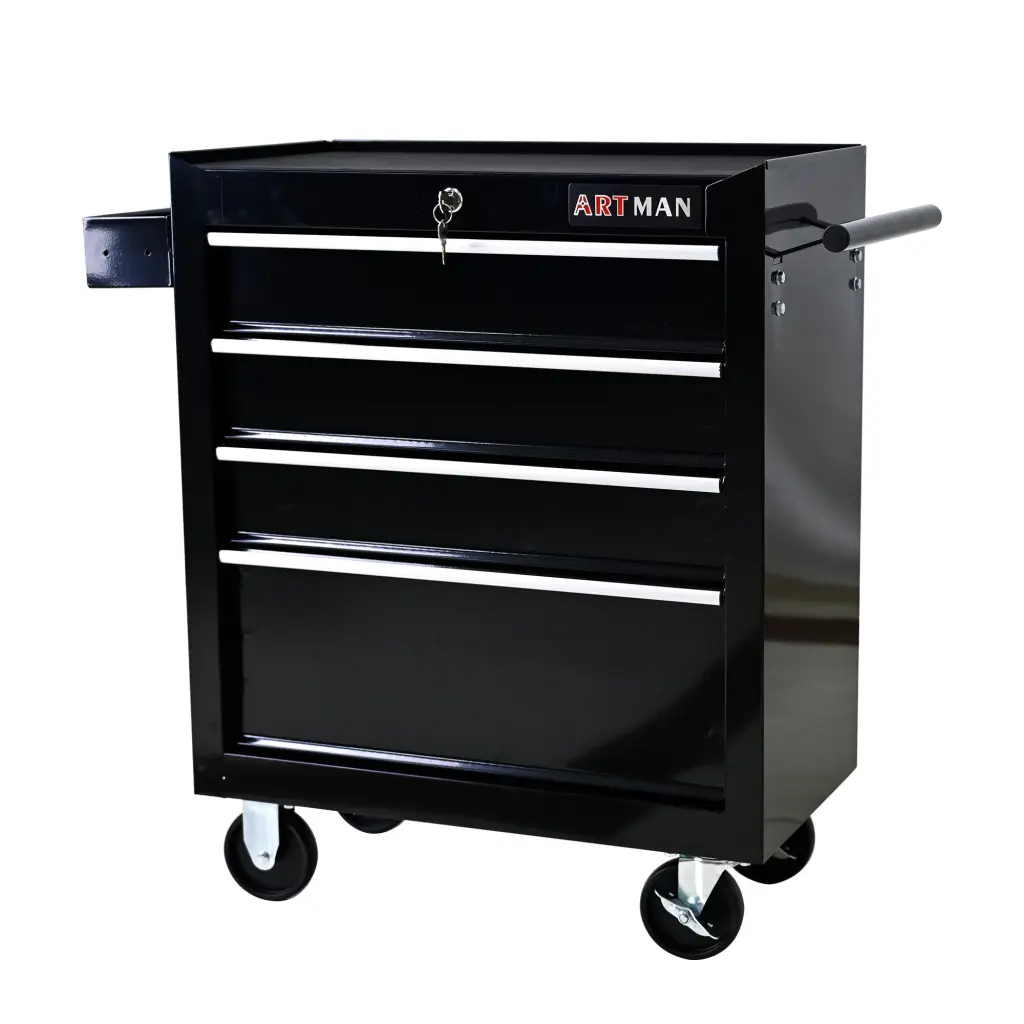 4 Drawers Multifunctional Tool Cart Wheels Black Steel Rolling Workbench artman