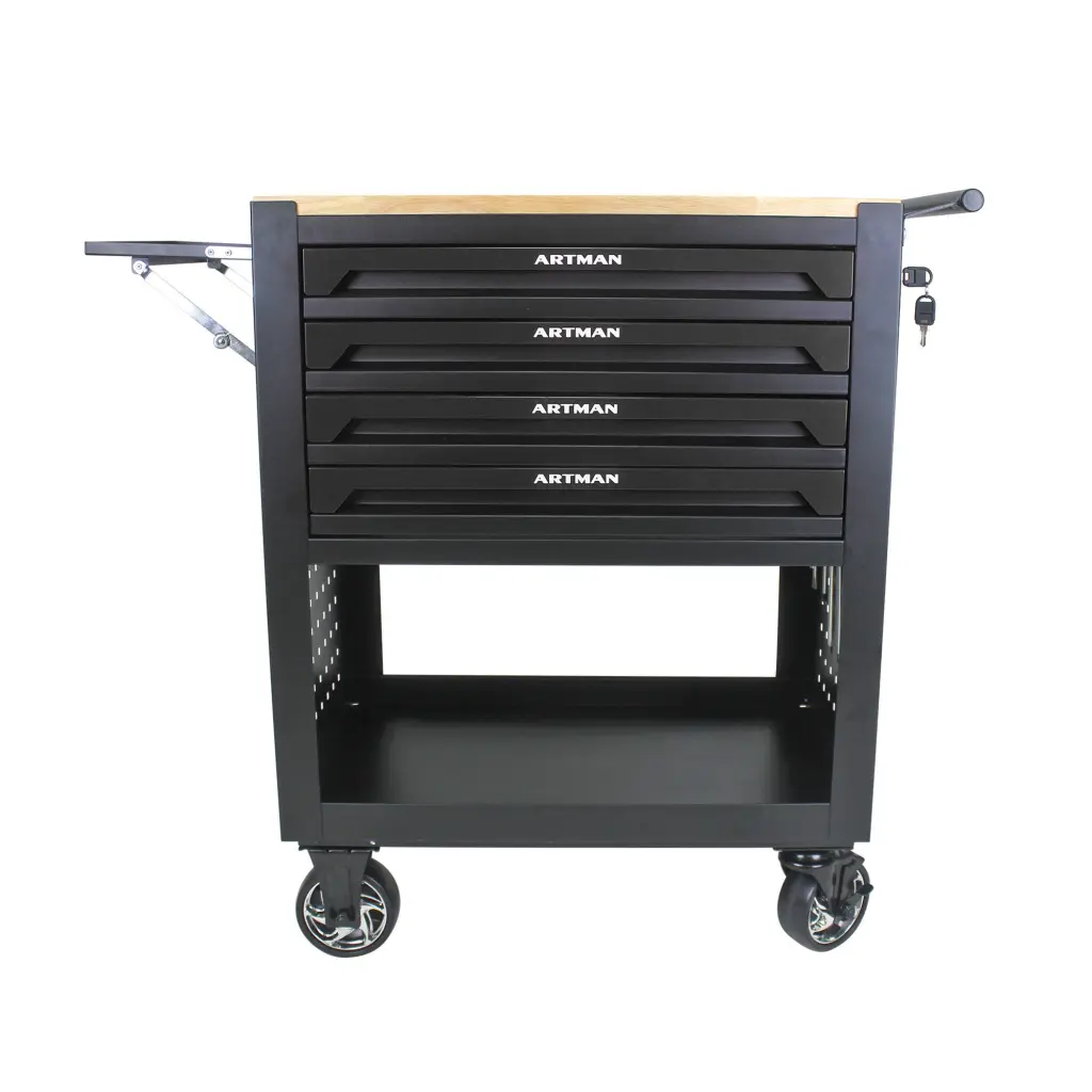 4 Drawers Multifunctional Tool Cart Wheels and Wooden Top Black artman
