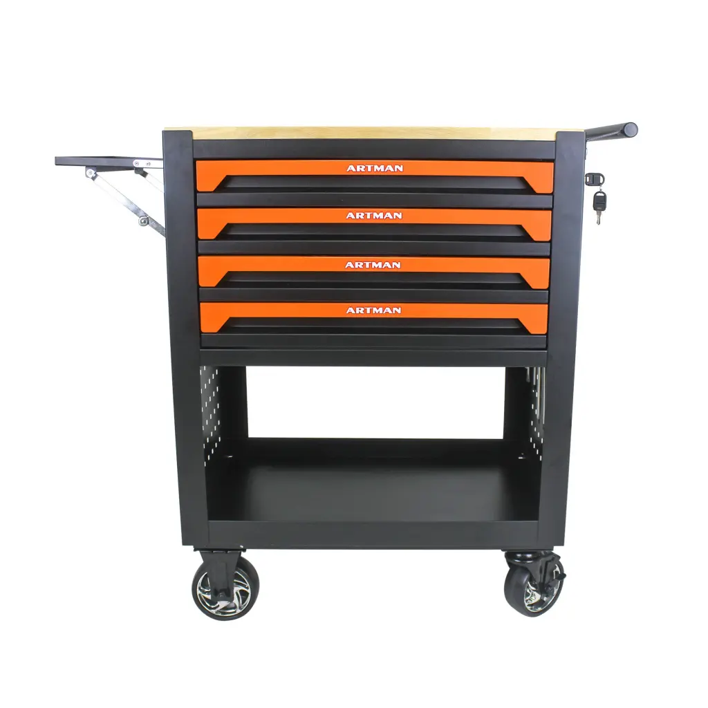 4 Drawers Multifunctional Tool Cart Wheels and Wooden Top Orange artman