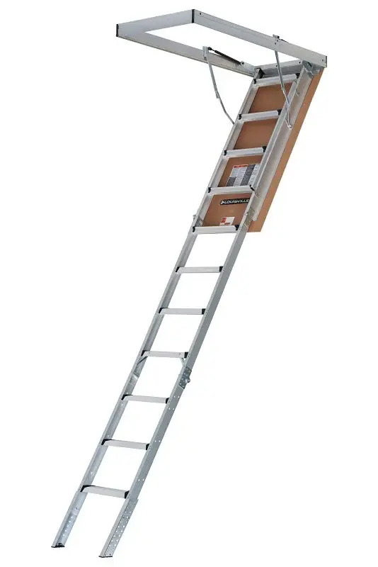 Louisville Premier Series AA2510 Attic Ladder, 7 ft 8 to 10 ft 3 H Ceiling, 25-1/2 x 54 Ceiling Opening, 11-Step
