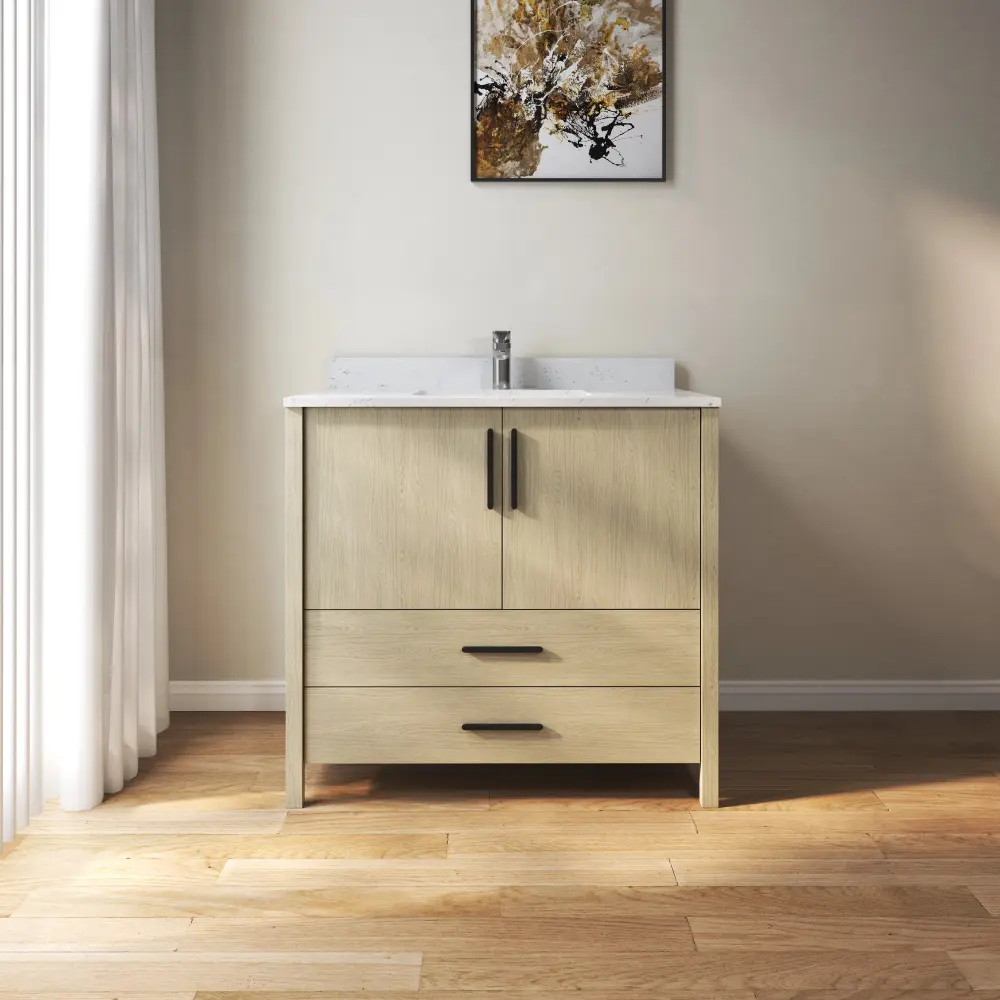 24'' Sole Bathroom Vanity Ceramic Sink And Faucet Hole, Light Wood Finish, 2 Drawers And Double Doors, Fully Assembled