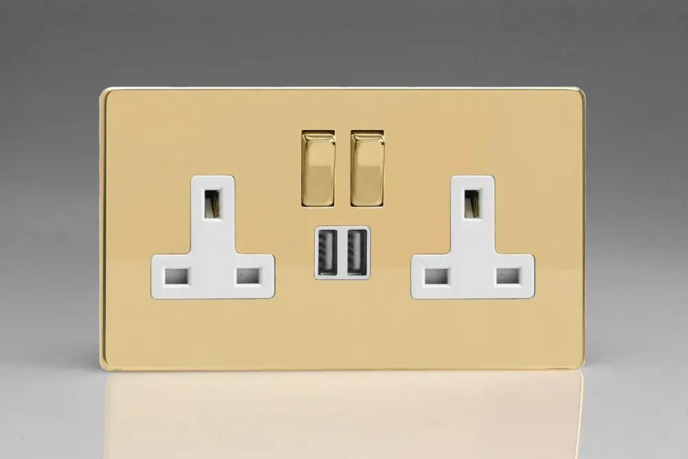 Varilight Flat Plate Screwless Polished Brass 2-Gang 13 Amp Socket + 2x USB Charging Port Pearl Inserts XDV45PNWS