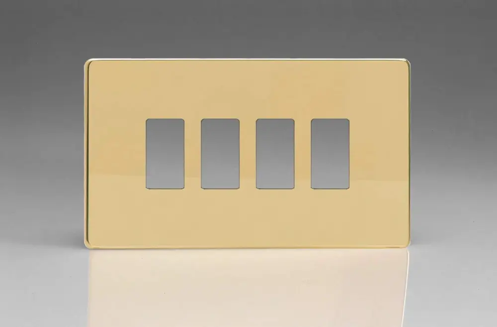 Varilight XDVPGY4S Screwless Smooth Brass 4 Gang PowerGrid Plate (Twin Plate)