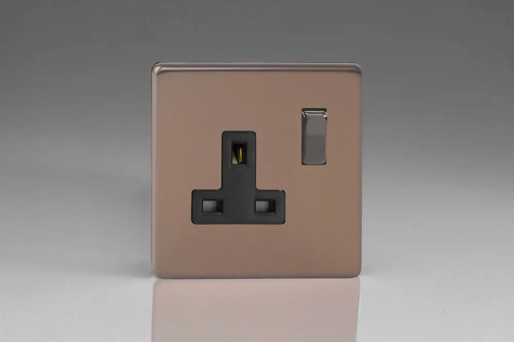 Varilight Flat Plate Screwless Matte Bronze 1-Gang 13 Amp Switched Plug Socket