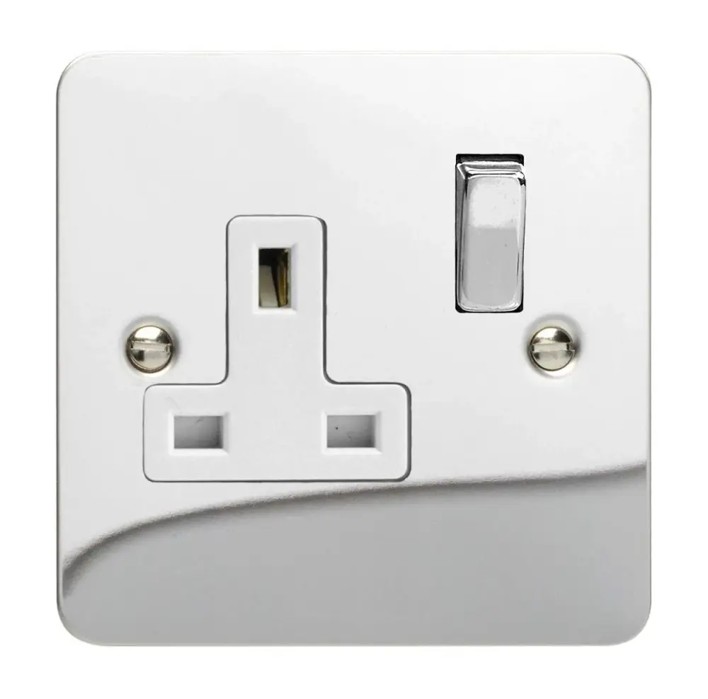 Varilight Ultra Flat Plate Polished Chrome White & Metallic Inserts 1-Gang 13Amp Plug Socket XFC4DW