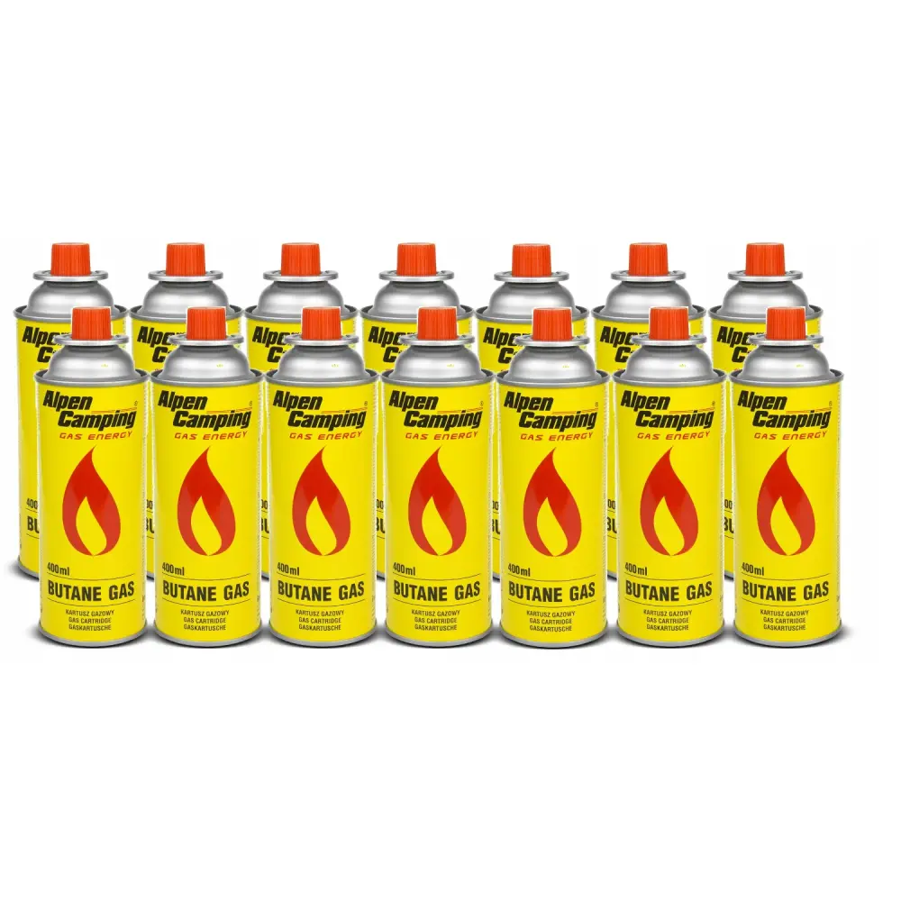 14x Alpen Camping 400ml gas cartridge. certification: Pi 0875, EN417 compliant, isobutane, operating range -10°c to+ 40°...