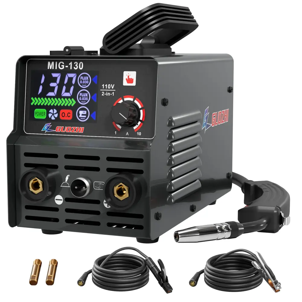 GZ GUOZHI 130A Portable MIG Welder,110V 2 1 Gasless Flux Core MIG/Stick Welding Machine Jumbo LED Display (8.5 LB)