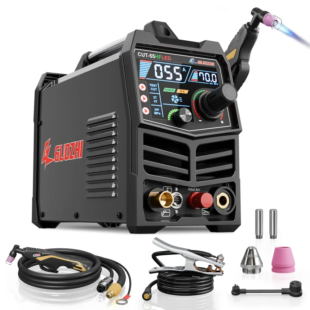 GZ GUOZHI 55Amp Non-Touch Plasma Cutter, High Frequency Pilot Arc Plasma Cutting Machine, 110V/220V Dual Voltage, 1/2" Ste...