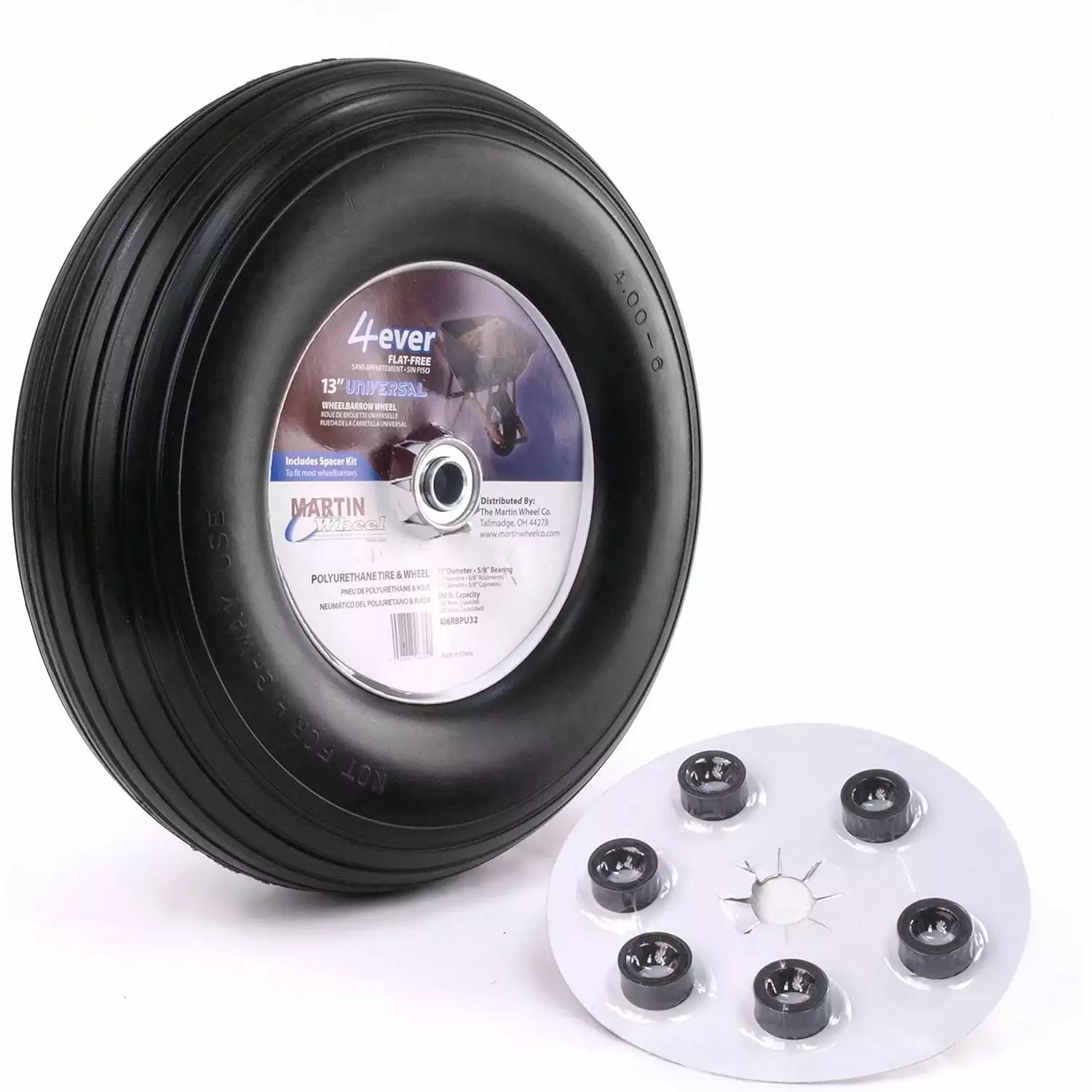 Martin Wheel 400-6 13 Flat Free Wheelbarrow Wheel 6x5/8 Hub (406RBPU32)