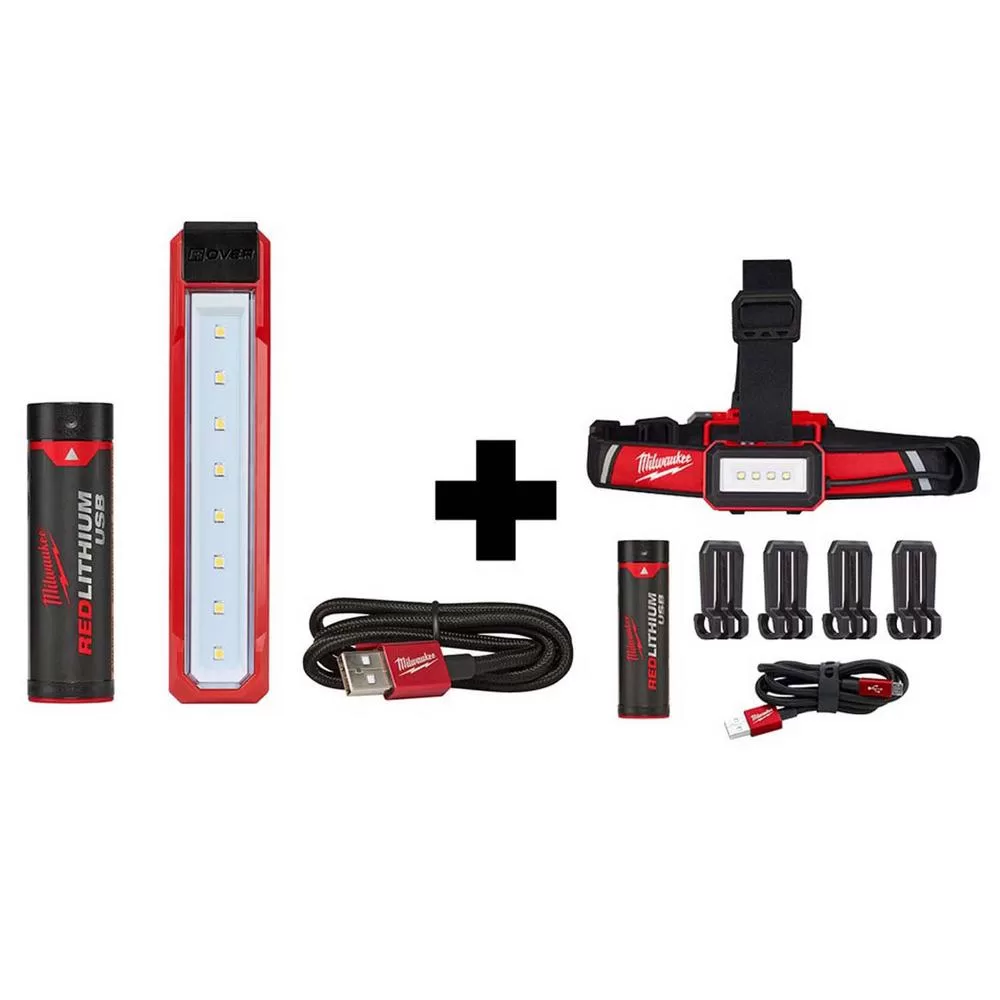 Milwaukee 445 Lumens LED Rover Rechargeable Pocket Flood Light and 600 Lumens Hard Hat Headlamp 2-Pack