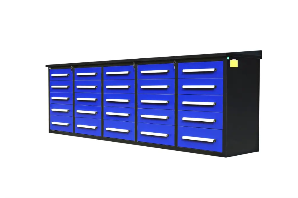 10 Foot Workbench Storage Drawers 25 Drawers Blue Alloy Metal chery industrial inc