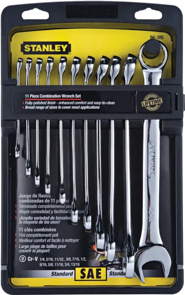 STANLEY 94-385W Wrench Set, 11-Piece, Reinforced, Polished Chrome, Specifications: SAE Measurement